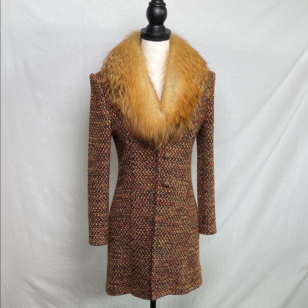 ST. JOHN Tweed long Coat FOX Fur Collar winter jacket 2 piece set - Picture 3 of 17
